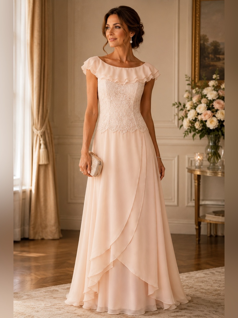 Cameron Blake Blush Lace Chiffon Mother of the Bride Gown High Low Dress 8
